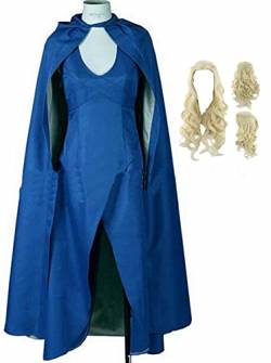 Yanny Daenerys Targaryen Kostüm Kleid Damen Daenerys Targaryen Cosplay Outfit mit Perückenumhang Halloween Anzug (Blue +Wig(Yellow), Large) von Yanny