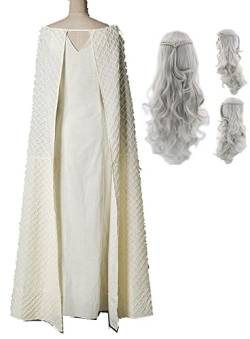 Yanny Daenerys Targaryen Kostüm Kleid Damen Daenerys Targaryen Cosplay Outfit mit Perückenumhang Halloween Anzug (White +Wig(Grey), Medium) von Yanny
