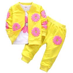 Yao 1-5 Jahre Kleinkind & kleine Mädchen Blumen drucken 3-teilige Sets Reißverschluss Jacke Langarm Rundhals T-Shirt und Hose (3-4 Jahre, Gelb) von Yao