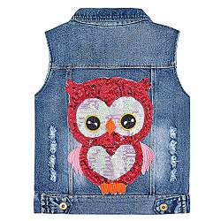 Yao 1-9 Jahre Kleine Mädchen Denim Outfit Jacke Gestickte Paillette Jeansweste Frühling Herbst Pailletten Pfau Weste Mantel (Eule, 7-8 Jahre) von Yao