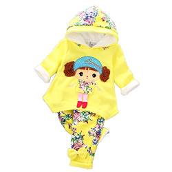 Yao 6M-3J Kleine Mädchen 2-teiliges Kleidungsset Warmer Samt Hoodie mit Mädchenmustern und Schmetterlingshose mit Blumenmustern(2-3J, Gelb) von Yao