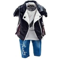 Yao 6M-5J Frühling Herbst Kleiner Baby Jungen Kleidungsset 3 Stück Langärmliges T-Shirt Lederjacke und Jeans(3-4J, Schwarz) von Yao