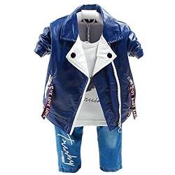 Yao 6M-5J Frühling Herbst Kleiner Baby Jungen Kleidungsset 3 Stück Langärmliges T-Shirt Pu Lederjacke und Jeans(2-3J, Blau) von Yao