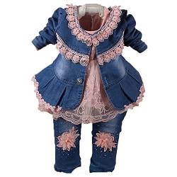 Yao 6M-5J Frühling Herbst Kleinkind Kleine Mädchen Kleidungsset 3-teilige Sets Spitze T-Shirt Bestickt Jeansjacke und Bestickt Pailletten Jeans(Rosa, 2-3J) von Yao