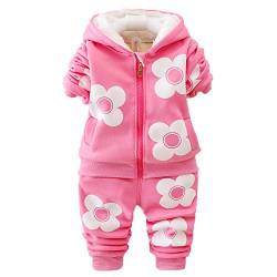 Yao 9M-3J Baby Mädchen Fleece Blumen Warm 2-teiliges Set Warmer Samt bedruckter Mantel und Hose(12-18M, Leuchtend rosa) von Yao