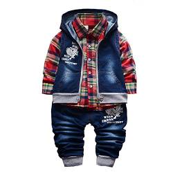 Yao 9M-5J Frühling Herbst Baby Jungen 3-teiliges Kleidungsset Baumwollhemd Jeans und Jeansweste(4-5J, Rot) von Yao