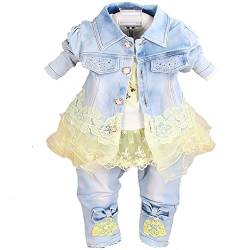 Yao Baby kleidung,Baby Mädchen Kleidungsset 3tlg Button-Stil Jeansjacke gestickte langarm T-Shirt und Jeanshose 6Monate-5Jahre(Gelb,6-12Monate) von Yao