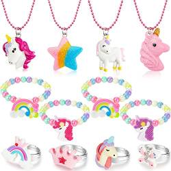 Yaomiao 12 Stück Kinder Schmuck Set Mädchen Einhorn Perlen Halsketten Armbänder Verstellbar Ringe mit Einhorn Regenbogen Stern Anhänger Einhorn Freundschaftsschmuck für Mädchen Kostüm Party Mitgebsel von Yaomiao