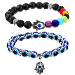 Yaomiao 2 Stück Evil Eye Nazar Armband Hand von Fatima Armband 7 Chakren Armband Böser Augen Stretch Perlen Armband Hamsa Hand Edelstein Armband Viel Glück Schutz Kristalle Heilsteine Armband von Yaomiao