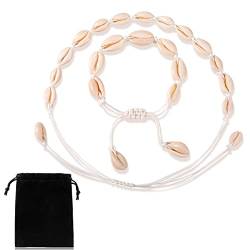 Yaomiao 2 Stück Muschel Halskette Armband Set, Natürliche Muschelketten Muschel Fußkettchen Hawaiianische Choker Halskette Puka verstellbares Armband für Damen Mädchen Sommer Strand Schmuck von Yaomiao