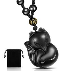 Yaomiao Obsidian Fuchs Amulett Anhänger Halskette Perlen Hängend Verzierung Schutz Kette Schwarzer Heilkristall Fuchs Geschenkideen für Frauen Männer Glückskette Schmuck mit Perlenkette(Perlen) von Yaomiao