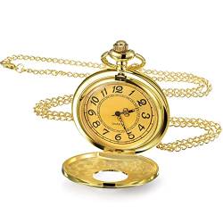 Yaomiao Vintage Taschenuhr Glatte Quarz Taschenuhr mit Kette Antik Kettenuhr mit Arabischen Ziffern für Damen Herren Vater Opa Geburtstag Jahrestag (Goldene Abdeckung, Gold) von Yaomiao