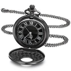 Yaomiao Vintage Taschenuhr Glatte Quarz Taschenuhr mit Kette Antik Kettenuhr mit Römischen Ziffern für Damen Herren Vater Opa Geburtstag Jubiläum (Schwarze Abdeckung, Schwarzes Zifferblatt) von Yaomiao