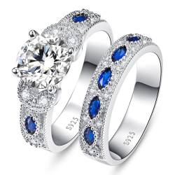 Yaresul 3.5ct Rundschliff Kubik Zirkonia Ring Ehering Set Erstellt Blauer Saphir Frauen Braut Ringe Sets 925 Sterling Silber Ring Rhodium plattiert Blau Verlobungsring Größe 54.4(17.3) von Yaresul