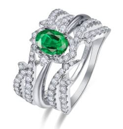 Yaresul Frauen 3pcs 925 Sterling Silber Ring Set 1ct Grün Erstellt Smaragd Ring Cubic Zirconia Verlobung Ehering Set Größe 54(17.2) von Yaresul