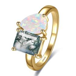 Yaresul Toi Et Moi Ring 14K Gold plattiert Moos Achat Ring & Birne Opal Versprechen Ring für sie 925 Sterling Silber Frauen Verlobungsring Stapelbar Frauen Hochzeit Band Größe 49.3(15.7) von Yaresul