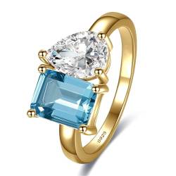 Yaresul Toi Et Moi Ring 925 Sterling Silber Damen Verlobungsring 14K Gold plattiert 1.5ct 6x8mm Doppelstein Ring Smaragd & Birne Aquamarin Schliff Ehering Größe 49.3(15.7) von Yaresul