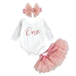 Baby Kleidung Mädchen Geburtstags Babykleidung Set Prinzessin Kleid Rundhals Floral Spitze Strampler mit One Print Tutu Rock Schleifen Stirnband Baby Geburtstagsgeschenk (Rosa One, 18-24 Monate) von Yassiglia