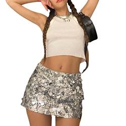 Damen Sommer Sexy Glänzend Pailletten Rock Casual Elastische Mini A-Linie Rock Mini Bodycon Rock für Club Streetwear, silber, 36 von Yassiglia