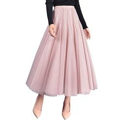 Damen Tüllrock Langer Tüll Rock Mädchen Eleganter Faltenrock Einfarbiges Tütü Mesh Plisseerock Frauen Hohe Taille A-Linie Röcke für Hochzeit Fest Freizeit Party (Rosa, ONE Size) von Yassiglia