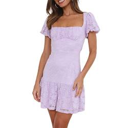 Sommerkleid Damen Elegant Vintage A-Linie Kleid Kurzarm Spitzenkleid Sommer Kurz Minikleid Petticoat Kleid mit Rüsche (Lila B, S) von Yassiglia
