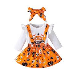 Yassiglia 0-24 Monate Baby DREI Stück Kleidung Set Halloween Kostüm Kinder Babykleidung Outfit Mädchen Festival Kleid Neugeborene Strampler Stirnband Rock (Weiß Orange A, 12-18 Months) von Yassiglia