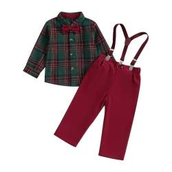 Yassiglia Baby Jungen Anzug Kinder Weihnachtsoutfit Baby Junge Langarm Hemd mit Fliege + Hosenträger Hosen Strampler Set für Weihanchten Hochzeit Party Geburtstag (Grün Rot, 6-7 Years) von Yassiglia