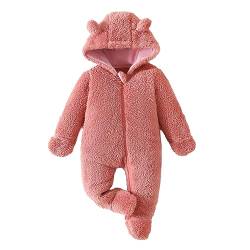 Yassiglia Baby Jungen Mädchen Strampler Herbst Winter Plüsch Overall Niedlich Bärenohr Schneeanzug Neugeborene Warmer Jumpsuit mit Kapuze und Reißverschluss (Rosa, 9-12 Months) von Yassiglia