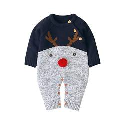 Yassiglia Baby Jungen Mädchen Weihnachten Overall Neugeborene Langarm Gestrickte Strampler Winter Warm Strickoverall Weihnachtsoutfit (Blau Elch, 12-18 Months) von Yassiglia