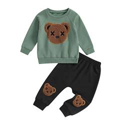 Yassiglia Baby Mädchen Jungen Kleidung Herbst Winter Zweiteiler Outfit Junge Niedliches Bärchen-Set Kleinkind Weiche Bekleidungssets Langarm Sweatshirt Top + Hose (Grün schwarz, 3-4 Years) von Yassiglia