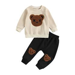 Yassiglia Baby Mädchen Jungen Kleidung Herbst Winter Zweiteiler Outfit Junge Niedliches Bärchen-Set Kleinkind Weiche Bekleidungssets Langarm Sweatshirt Top + Hose (Khaki schwarz, 18-24 Months) von Yassiglia