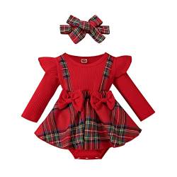 Yassiglia Baby Mädchen Weihnachtsoutfit Neugeborene Strampler Kleid Kleinkind Rotes Kariertes Weihnachtskleid Langarm Bodysuit + Strinband Set für Weihnachten (Rot D, 0-3 Months) von Yassiglia