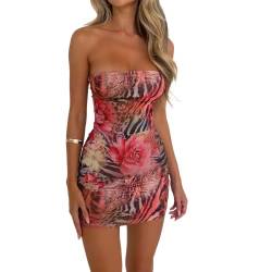 Yassiglia Bandeau Kleid Kurz Hawaii Sommerkleid Elegant Sommer Schulterfrei Minikleid Damen Sexy Partykleid Y2K Bedruckte Kleider (Rosa Blumen, S) von Yassiglia