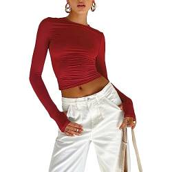 Yassiglia Basic Langarmshirt Damen Eng Bauchfreie Oberteile Langarm Crop Top Y2K Fashion Shirts Sexy Slim Fit Oberteil mit Daumenlöchern (Rot, M) von Yassiglia