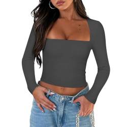 Yassiglia Basic Long Sleeve Tops Women Y2K Crop Top Women's Crew Neck Slim Fit Shirt Skims Dupe Casual Tight Baby Tees Girls Aesthetic Clothes (Dunkel Grau A, S) von Yassiglia