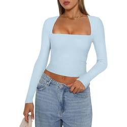 Yassiglia Basic Long Sleeve Tops Women Y2K Crop Top Women's Crew Neck Slim Fit Shirt Skims Dupe Casual Tight Baby Tees Girls Aesthetic Clothes (Hell Blau A, S) von Yassiglia
