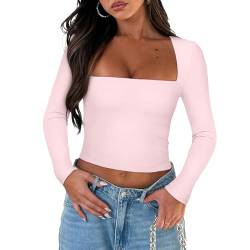 Yassiglia Basic Long Sleeve Tops Women Y2K Crop Top Women's Crew Neck Slim Fit Shirt Skims Dupe Casual Tight Baby Tees Girls Aesthetic Clothes (Rosa A, L) von Yassiglia