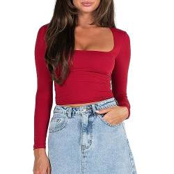 Yassiglia Basic Long Sleeve Tops Women Y2K Crop Top Women's Crew Neck Slim Fit Shirt Skims Dupe Casual Tight Baby Tees Girls Aesthetic Clothes (Rot A, M) von Yassiglia