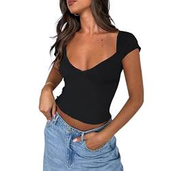 Yassiglia Basic Shirt Damen Y2K Slim fit Top Elegant Sommer Oberteil Kurzarm Crop Tops Enge Oberteile Cropped Tee Aesthetic Clothes Für Teenager Mädchen (Schwarz A, M) von Yassiglia