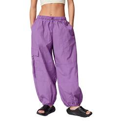 Yassiglia Cargohose Damen Baggy Cargo Hosen Frauen High Waist Weite Beine Fallschirm Hose Lange Freizeithose Y2K Parachute Pants Women Streetwear (C-Lila, S) von Yassiglia