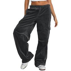 Yassiglia Cargohose Damen Baggy Cargo Hosen Frauen High Waist Weite Beine Fallschirm Hose Lange Freizeithose Y2K Parachute Pants Women Streetwear (Dunkel Grau, XL) von Yassiglia