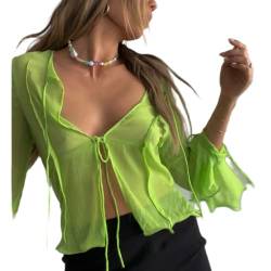 Yassiglia Chiffon Bluse Damen Sexy Tops Rüschen Langarm V-Auschnitt Oberteile Bauchweg Shirt Sommer Kurz Cardigan Y2K Aesthetic Crop Top (A Grün, M) von Yassiglia