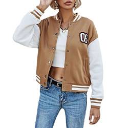 Yassiglia Damen Baseball Jacke Frauen College Jacke Mädchen Wintermantel Warm Kurze Vintage Bomberjacke Ladies Sweat Jacket Sweatjacke für Frauen Herbst Frühling (Khaki, Large) von Yassiglia