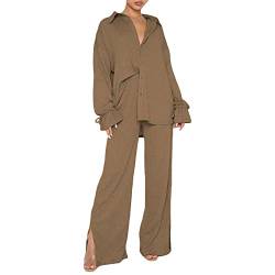 Yassiglia Damen Casual 2-teiliges Outfit-Set, modisches langärmeliges Hemd mit Knopfleiste und Hose, Streetwear, Loungewear, khaki, 42 von Yassiglia