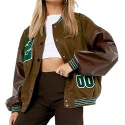 Yassiglia Damen College Jacke Sweatjacke Baseball Jacke Frauen Herbst Mädchen Sportjacke Ohne Kapuze Damen Vintage Bomberjacke Ladies College Sweat Jacket Oversized (Braun Grün, Medium) von Yassiglia