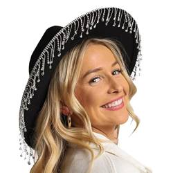 Yassiglia Damen Glitzer-Cowboyhut mit breiter Krempe, Strass, Quasten, Westernhut, große Kappe, Cowgirl-Hut für Club-Party, Schwarze flache Krempe, Einheitsgröße von Yassiglia