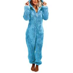Yassiglia Damen Herbst Winter Elegant Overall Einteiler Fleece Pyjama Warm Plüsch Schlafanzug Frauen Nachtwäsche Langarm Hooded Jumpsuit Homewear S-5XL (Blau, L) von Yassiglia