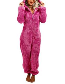 Yassiglia Damen Herbst Winter Elegant Overall Einteiler Fleece Pyjama Warm Plüsch Schlafanzug Frauen Nachtwäsche Langarm Hooded Jumpsuit Homewear S-5XL (Dunkel Rosa, XXXXL) von Yassiglia