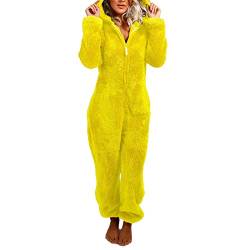 Yassiglia Damen Herbst Winter Elegant Overall Einteiler Fleece Pyjama Warm Plüsch Schlafanzug Frauen Nachtwäsche Langarm Hooded Jumpsuit Homewear S-5XL (Gelb, L) von Yassiglia