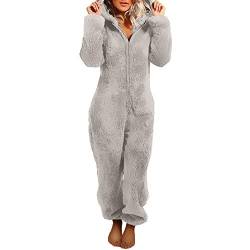 Yassiglia Damen Herbst Winter Elegant Overall Einteiler Fleece Pyjama Warm Plüsch Schlafanzug Frauen Nachtwäsche Langarm Hooded Jumpsuit Homewear S-5XL (Grau, L) von Yassiglia